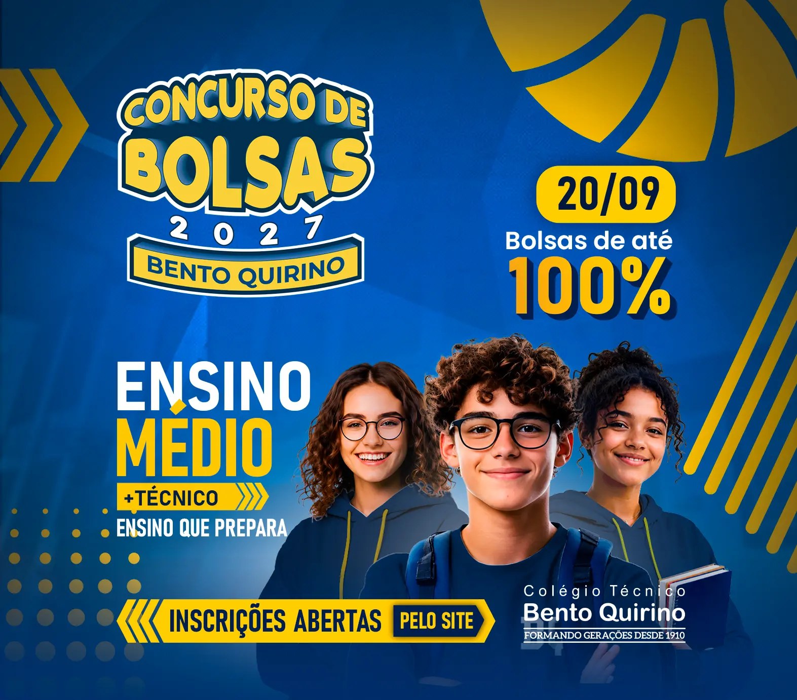 Concurso de Bolsas 2027 do Colégio Bento Quirino, com bolsas de até 100%